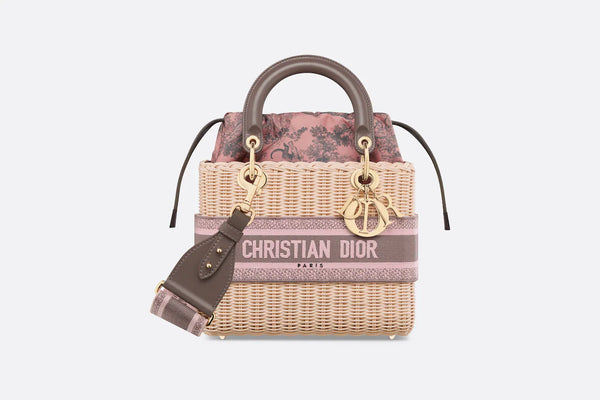 DIOR MEDIUM LADY BAG Natural Wicker with Pink and Gray Toile de Jouy Sauvage Cotton
