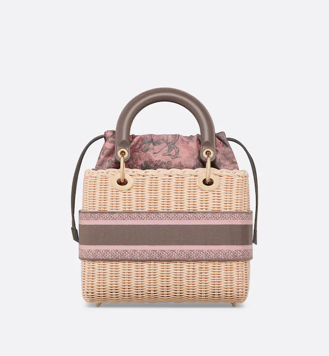 DIOR MEDIUM LADY BAG Natural Wicker with Pink and Gray Toile de Jouy Sauvage Cotton
